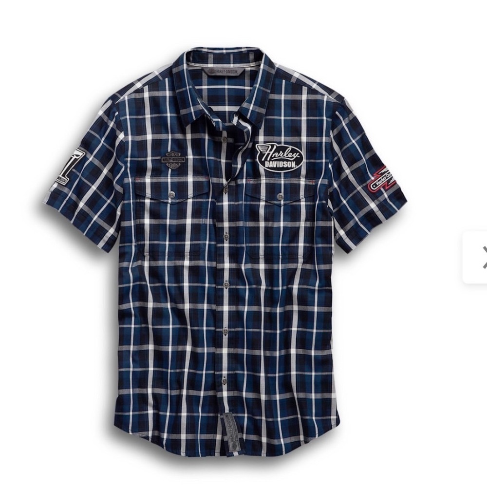 Harley-Davidson Shirt Mens L Blue Plaid Short Sleeve Embroidered Patches Cotton